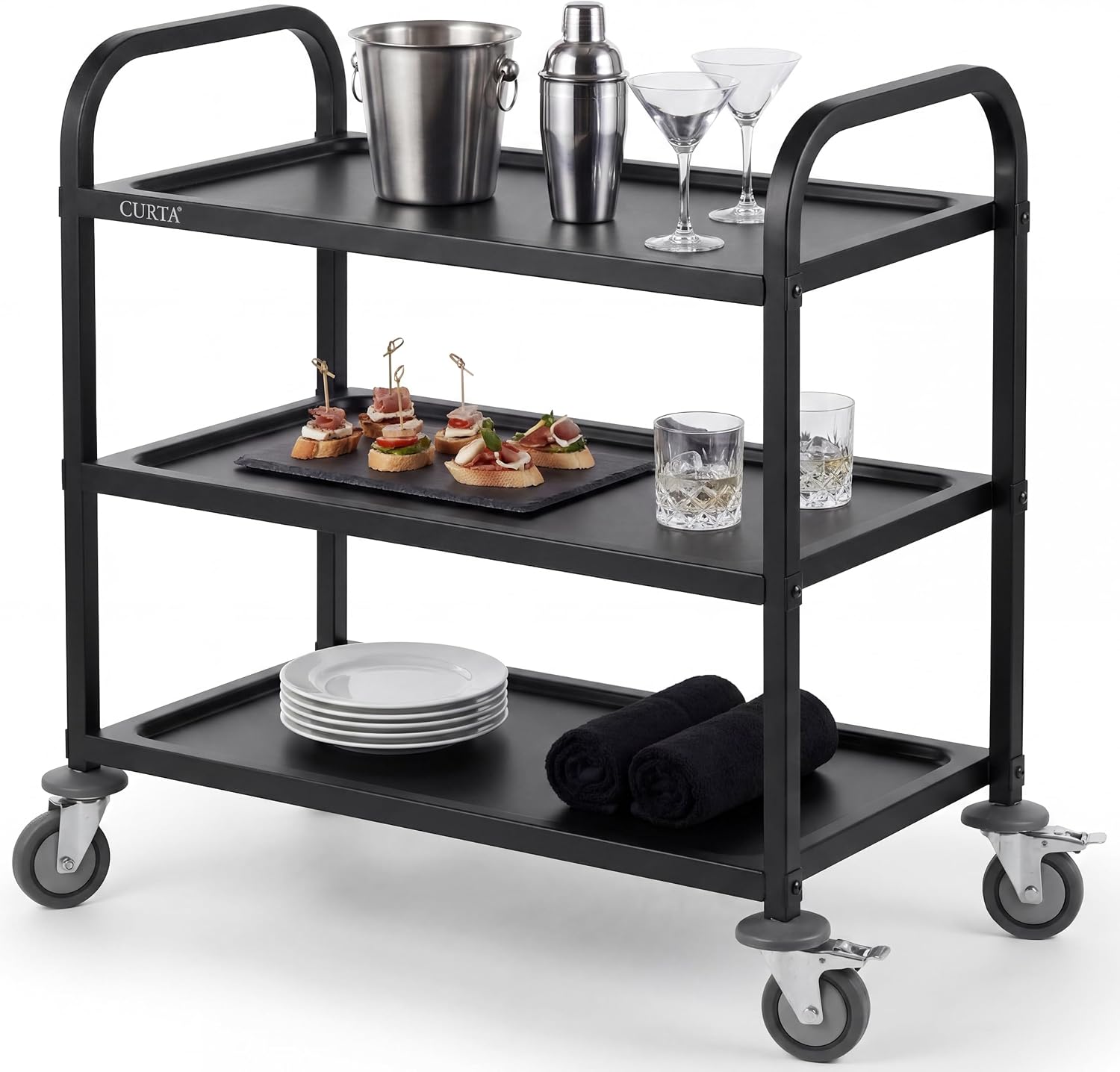 Commercial Kitchen On Wheels - Schwarzer Edelstahl-Servierwagen, 3-stöckiger Rollwagen, robuster Küchenwagen