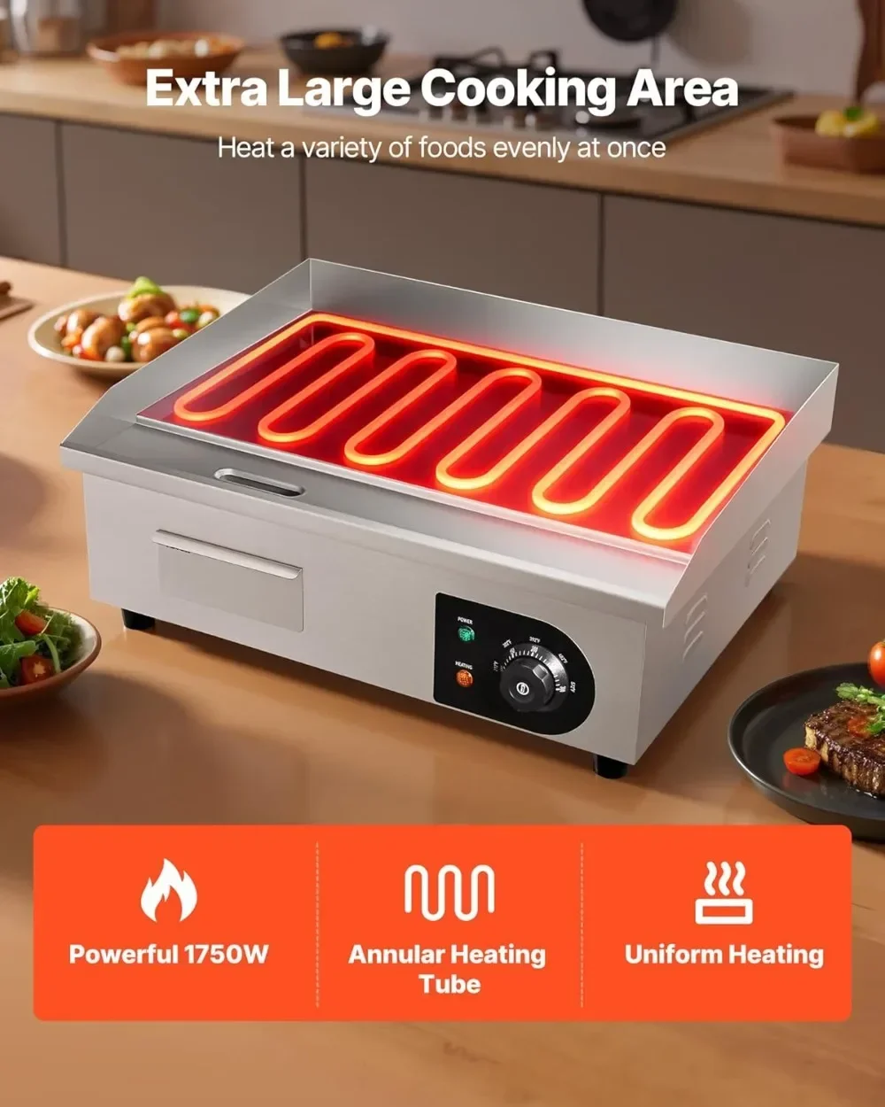 Electric Griddle Flat Top - Meistverkaufter Kommerzieller Elektrogrill 1750W, 21x11,8 Zoll
