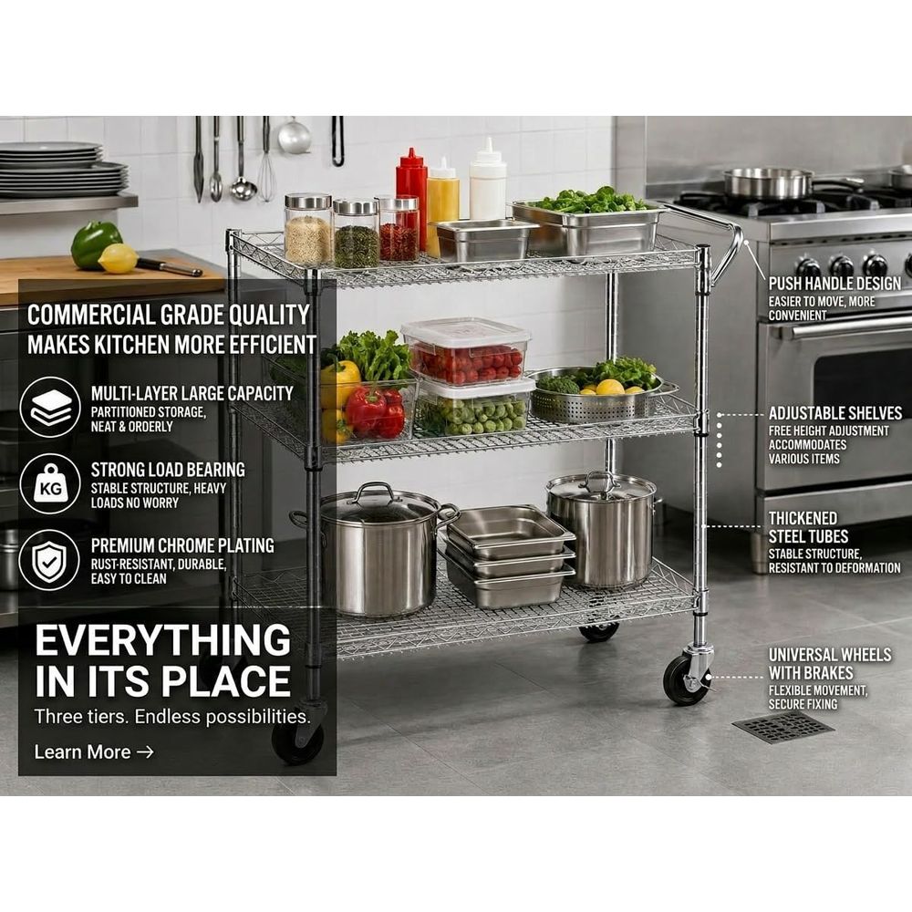 Robuster 3-stöckiger Küchenwag – Commercial Kitchen On Wheels Bewertung und Preis